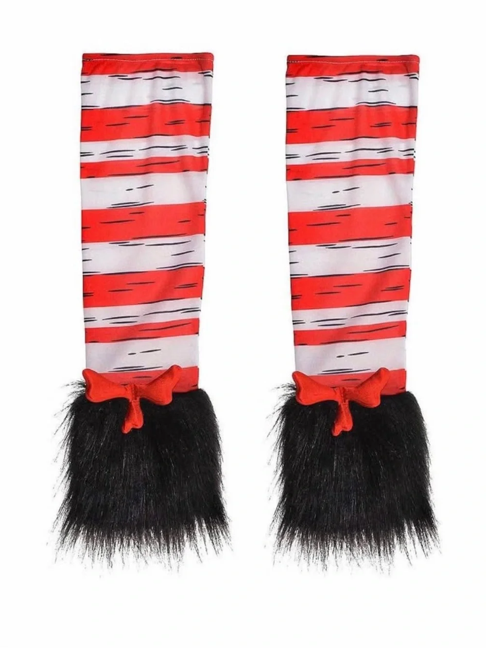 Rubie's Red and White Striped Werewolf Arm Warmers with Black Fur Cuffs - Picture 2 of 5